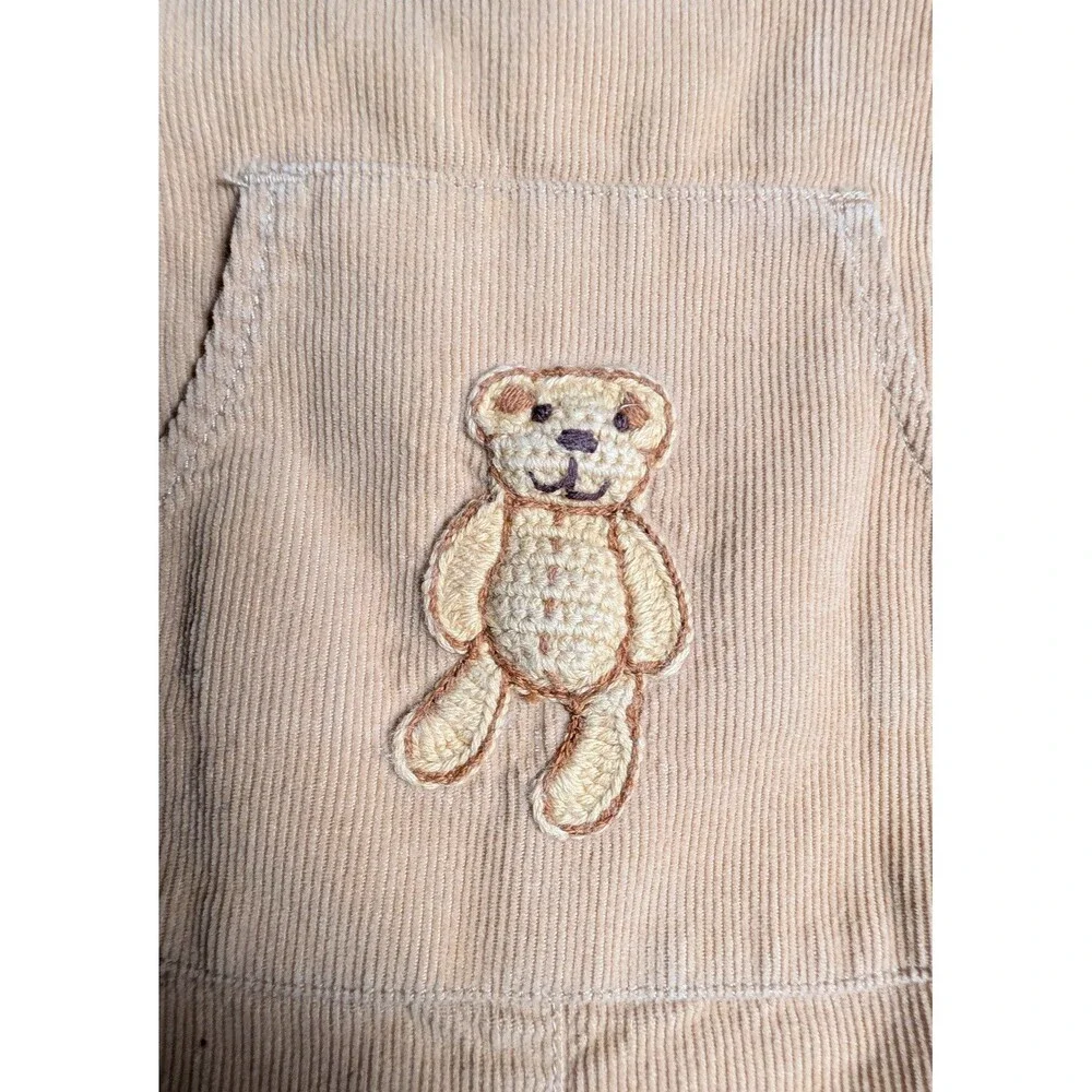 Vintage Tan Corduroy Overalls with Embroidered Teddy Bear 